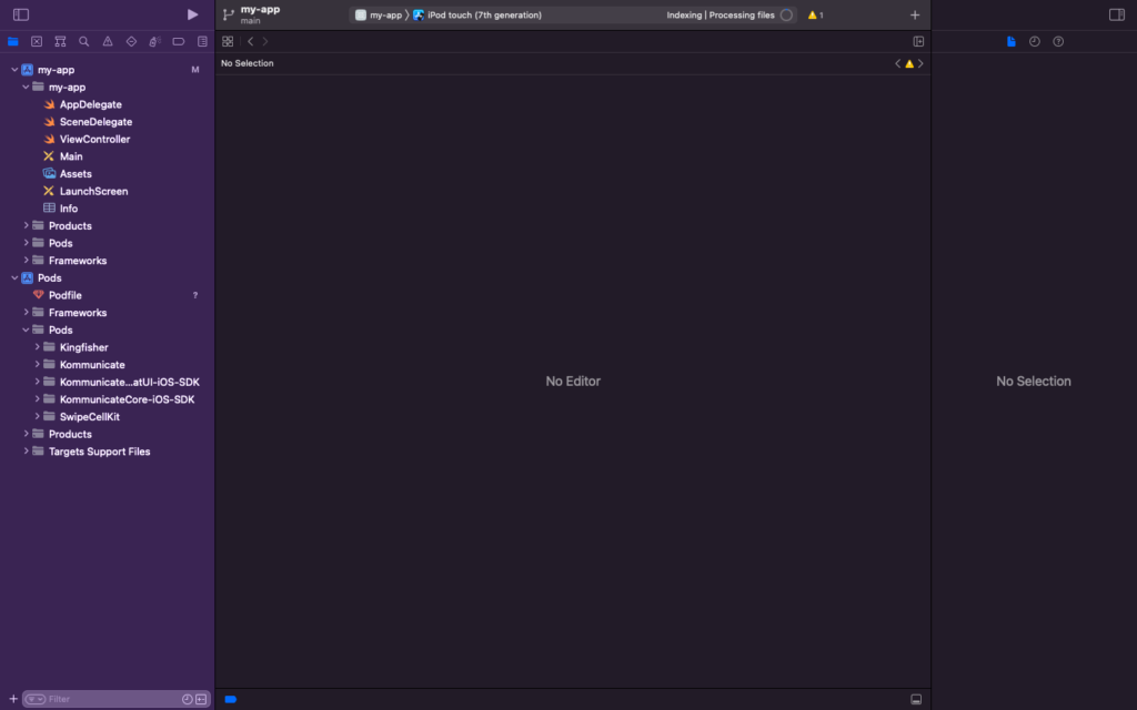 Screenshot of the Xcode project navigator showing the project folder "my-app" with subfolders and files related to the Kommunicate SDK integration. Screenshot of the Xcode project navigator showing the project folder "my-app" with subfolders and files related to the Kommunicate SDK integration.