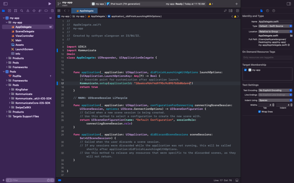 Screenshot of the Xcode project editor showing the AppDelegate.swift file. The code includes the import of Kommunicate, the applicationDidFinishLaunchingWithOptions function, and the Kommunicate.setup method with the application ID. There are also comments explaining the code and sections for different lifecycle methods. Screenshot of the Xcode project editor showing the AppDelegate.swift file. The code includes the import of Kommunicate, the applicationDidFinishLaunchingWithOptions function, and the Kommunicate.setup method with the application ID. There are also comments explaining the code and sections for different lifecycle methods.
