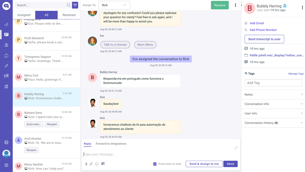 If your chatbot assigns a conversation to an agent, you will see a notification like this one