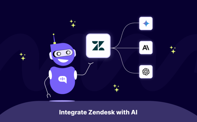 Unlocking AI Potential: A Guide to Integrating ChatGPT, Gemini, and Anthropic with Zendesk Image with a bot holding the Zendesk Logo and linking to the logo's of Google's Gemini, Anthropic Claude, and OpenAI ChatGPT with the text at the bottom as "Integrate Zendesk with AI"
