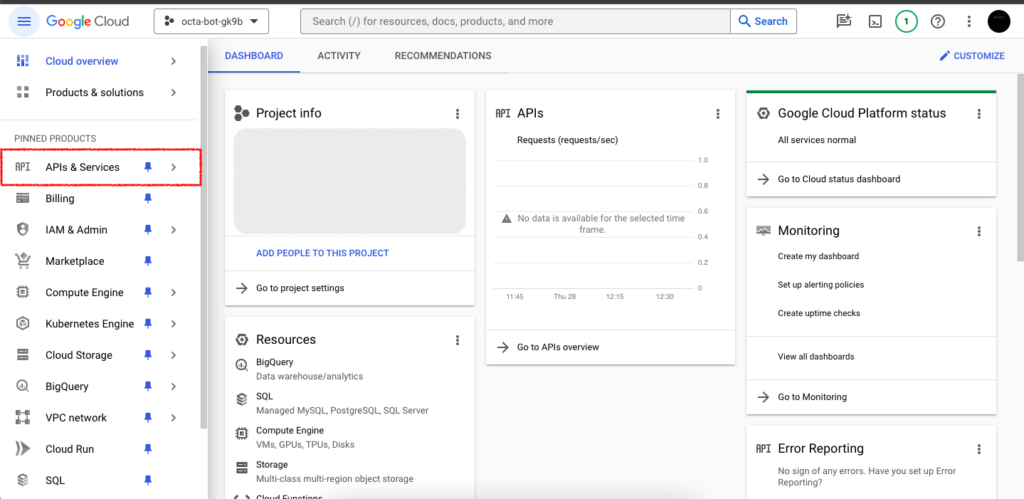 Dialogflow interface showing the "Octa-bot" agent settings, specifically highlighting the "Project ID" field within the "GOOGLE PROJECT" section.