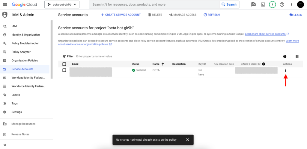 Google Cloud IAM & Admin interface showing the creation of a service account, with the "Service account created" confirmation message displayed.