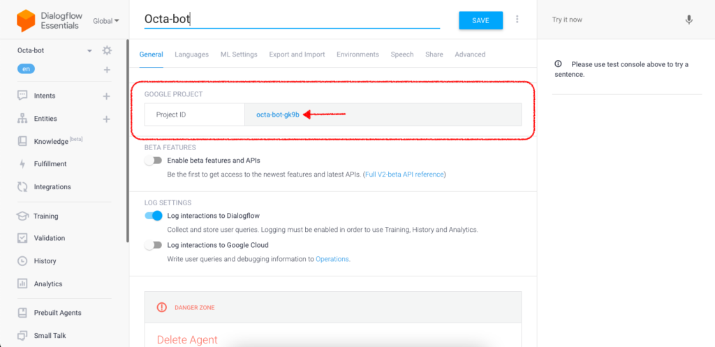 Screenshot of the Dialogflow CX console showing the general settings for an agent named "Octa-bot," highlighting the Google Project ID.