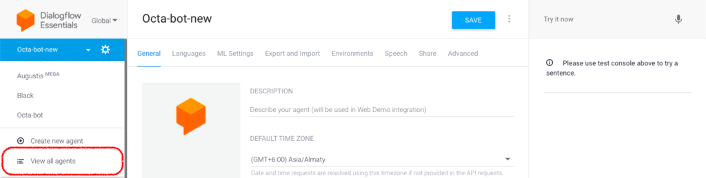 Dialogflow interface showing the "Octa-bot-new" agent settings with tabs for General, Languages, ML Settings, etc., and highlighting the "View all agents" option in the left sidebar.
