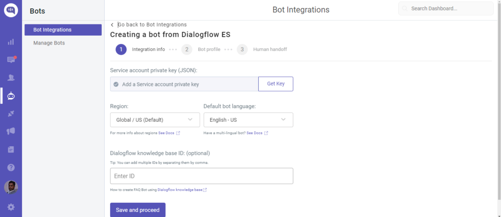 Interface for creating a bot from Dialogflow ES, showing steps for integration info, bot profile, and human handoff, including fields for service account key, region, language, and knowledge base ID.