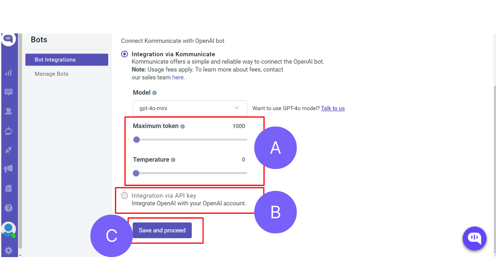 Choose the LLM Model Screenshot of Kommunicate's dashboard showing the options to choose specific LLM models like OpenAI GPT 4o, GPT 4o Mini, or Gemini 1.5 Flash, or Claude 3.5 Sonnet or any other models to integrate with Zendesk