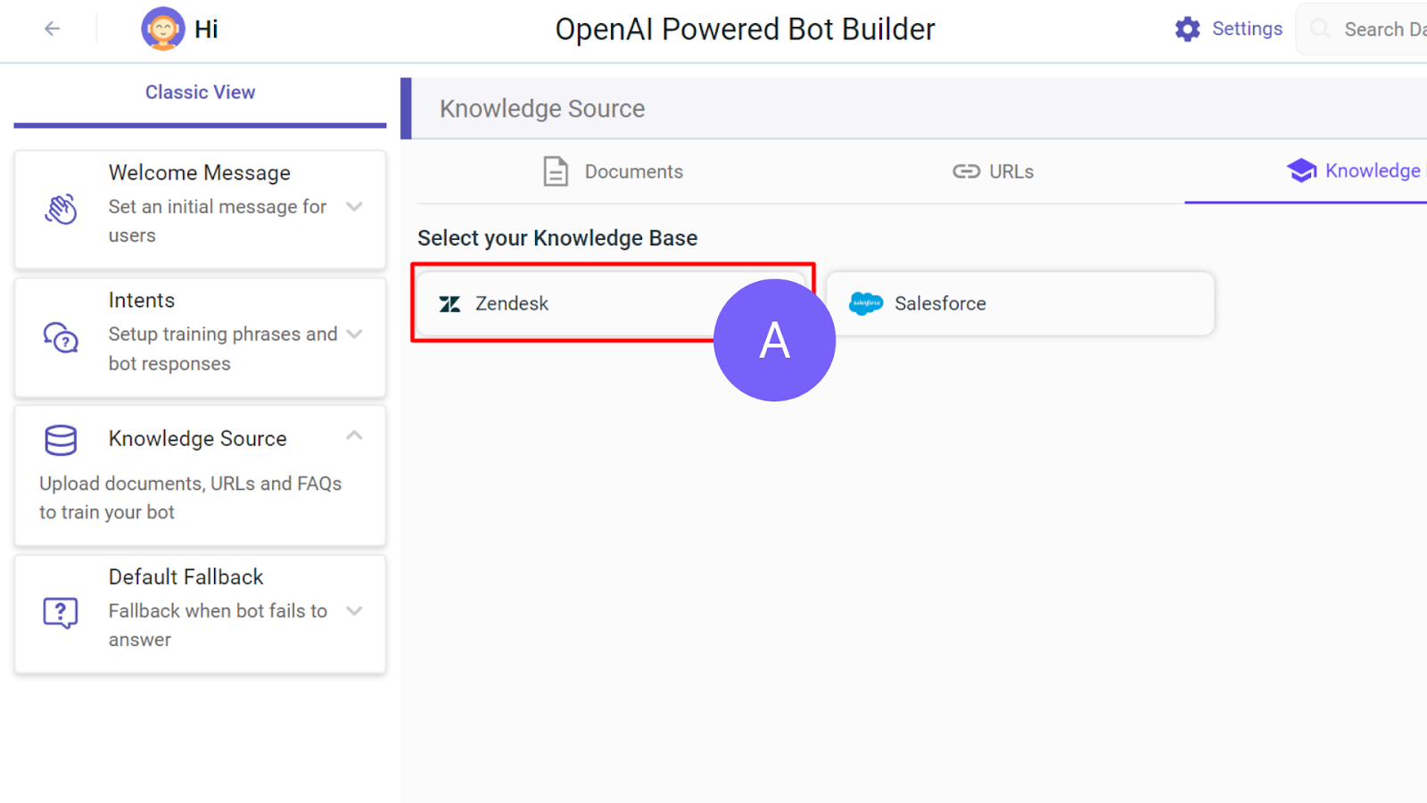 Select the Zendesk Guide Knowledge Base Screenshot of Kommunicate's dashboard asking to select the knowledge base like Zendesk or Salesforce