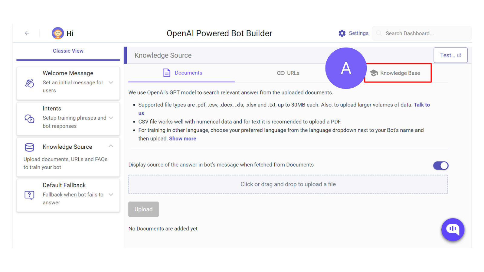 Select A Knowledge Source Screenshot of Kommunicate's dashboard showing the options to choose the knowledge source