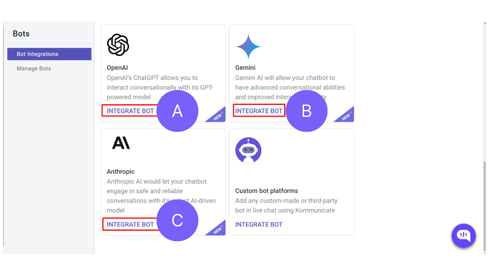 Choose between Open AI, Anthropic and Gemini Screenshot of Kommunicate's dashboard showing the different LLMs like ChatGPT, Gemini, and Anthropic to integrate with Zendesk