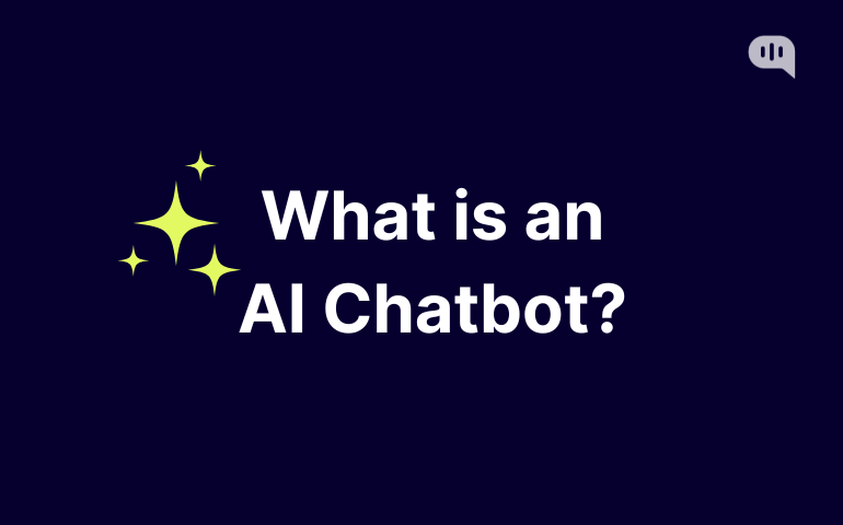 What is an AI Chatbot? Image saying What is an AI Chatbot? with star elements on the left and Kommunicate's logo on the right corner