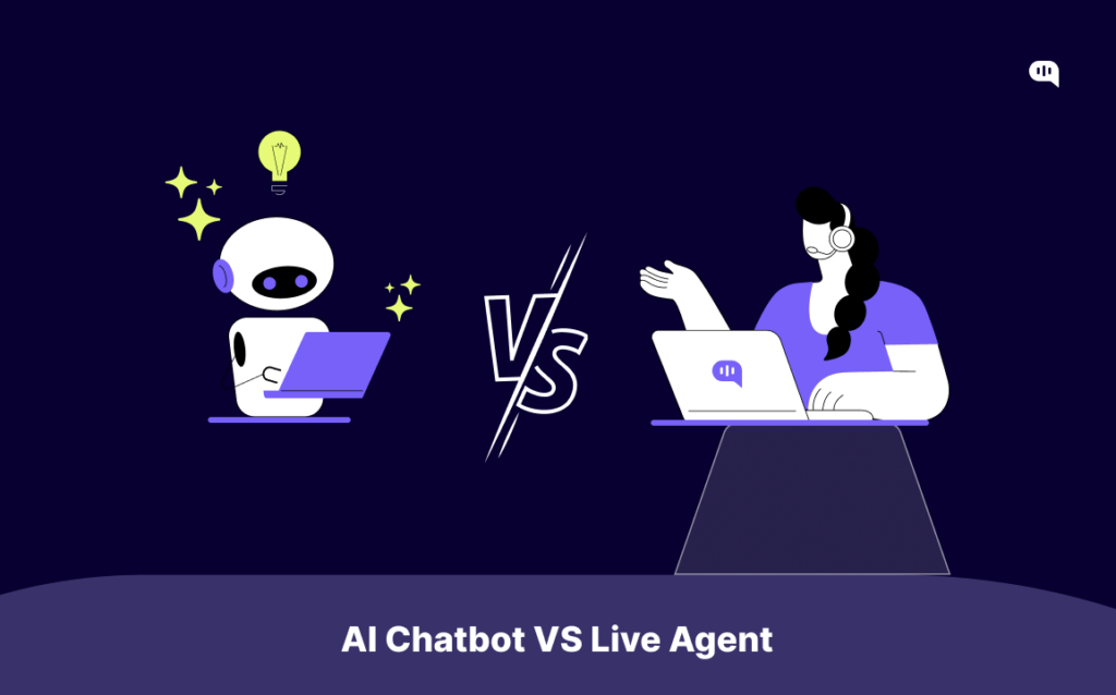 AI Chatbot vs Live Agent Cover Image for AI Chatbots vs Live Agent, with a chatbot's pic at the left and a live agent's pic at the right