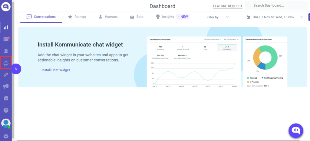 Kommunicate AI Chatbot's Dashboard Kommunicate ai chatbot's dashboard