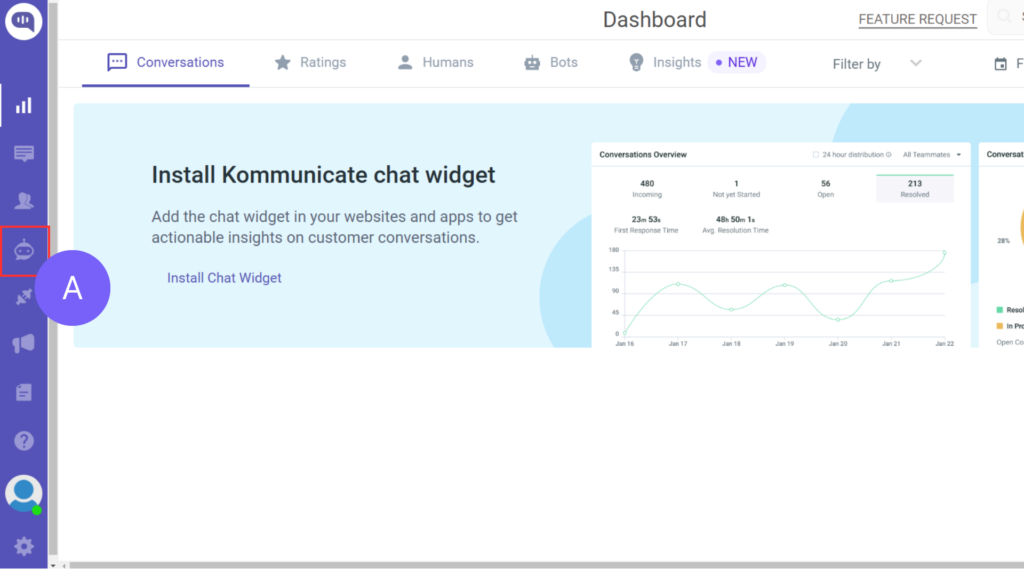 Navigate to Kommunicate Dashboard Screenshot of Kommunicate's dashboard showing the navigation to the bots section to integrate ChatGPT, Gemini, and Anthropic with Zendesk