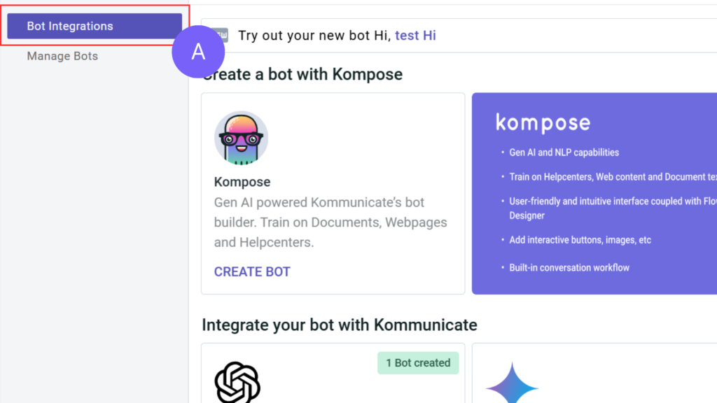 Click on Create a Bot Screenshot of Kommunicate's Bot Integration Page where you can start creating a bot under the bots section to integrate ChatGPT, Gemini, and Anthropic with Zendesk