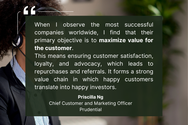 Quote on maximizing customer value by Priscilla Ng, Prudential. An organized desk with financial reports, a laptop, and accounting materials, representing the field of finance and accounting.