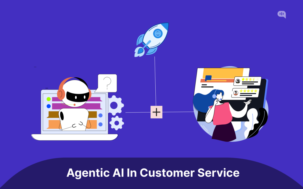 Agentic AI in Customer Service Illustration of Agentic AI in customer service, featuring a chatbot on a laptop screen collaborating with a human customer support agent to improve service delivery.