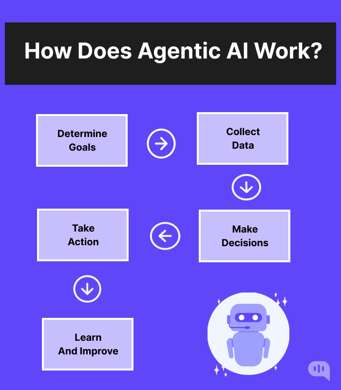 Working of an Agentic AI Image showing the working of Agentic AI. Determine Goals, Collect Data, Take Action, Make Decisions, Learn and Improve