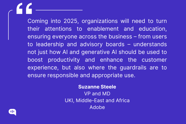 Quote on AI education and responsible use within organizations by Suzanne Steele, Adobe. Visual representation of Saucee's AI-driven platform, emphasizing its role in guiding organizations towards future advancements.
