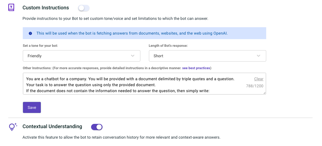 Screenshot of Kommunicate's dashboard showing Custom Instructions settings. Options include setting a tone for the bot (Friendly), selecting the length of the bot's response (Short), and providing detailed instructions for fetching answers. Below is a toggle for Contextual Understanding to enable the bot to retain conversation history for relevant and context-aware responses.