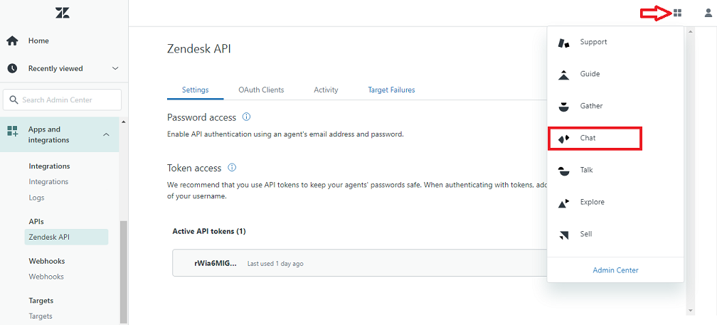 zendesk api settings window highlighted Chat option