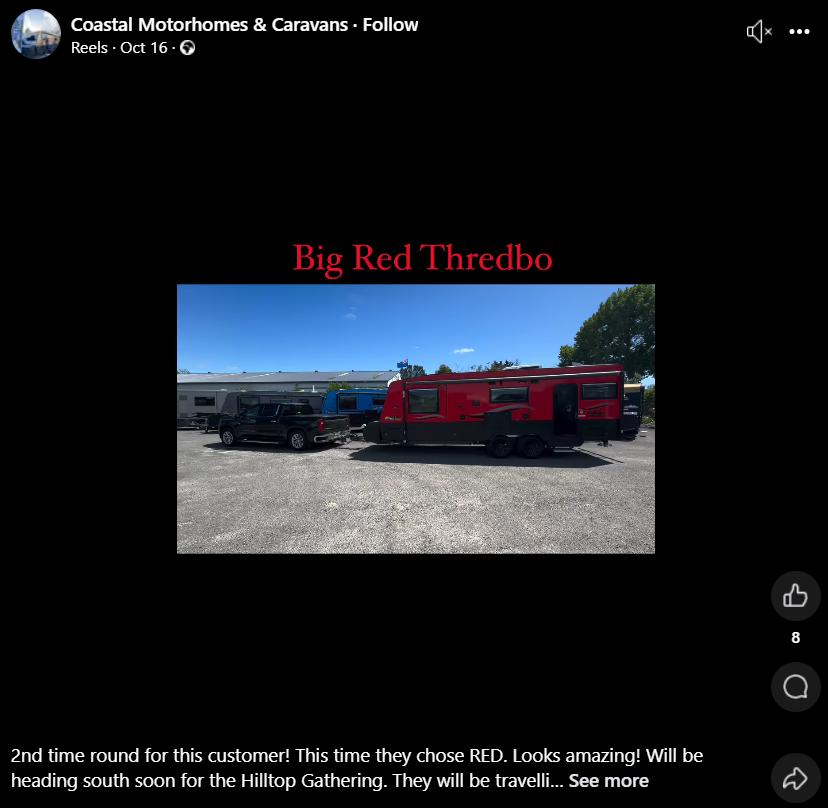 Customer's second purchase, a red "Big Red Thredbo" motorhome, heading to the Hilltop Gathering. Image of a red truck and trailer parked together, both in vibrant red, showcasing their bold color.