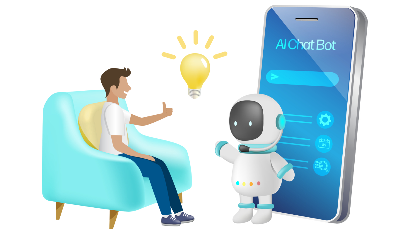 Unlocking solutions with AI chatbots. A cartoon-style illustration of a man sitting in a chair giving a thumbs up to a small, friendly-looking robot next to a large smartphone displaying an "AI Chat Bot" interface.