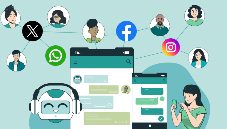 Connecting People Across Platforms Illustration of a social media network connecting people through platforms like Facebook, Instagram, WhatsApp, and X (formerly Twitter), with a chatbot depicted at the center.