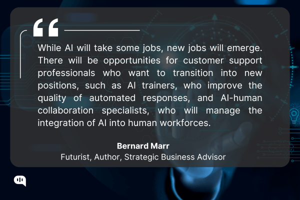 A quote image featuring Bernard Marr's insight on the future of AI and jobs. It discusses how AI will create new roles like AI trainers and AI-human collaboration specialists. The background includes digital elements and a human hand.