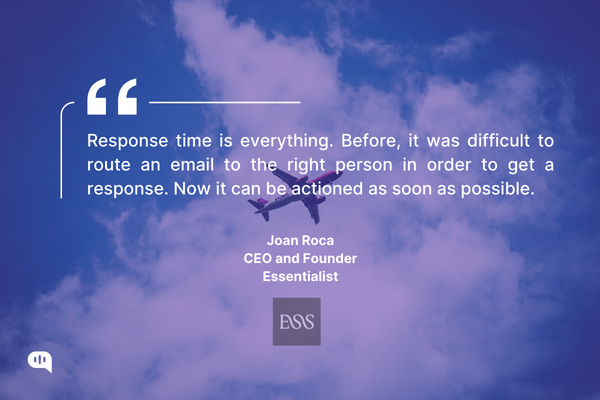 Prioritizing Response Time for Efficient Email Communication Quote from Joan Roca, CEO and Founder of Essentialist, about response time and email routing, overlaid on an image of a plane in the sky.