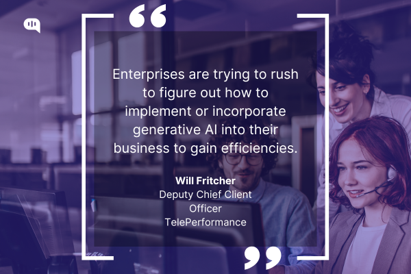 Enterprises are trying to rush to figure out how to implement or incorporate generative AI into their business to gain efficiencies," displayed over an office setting with smiling customer service agents.