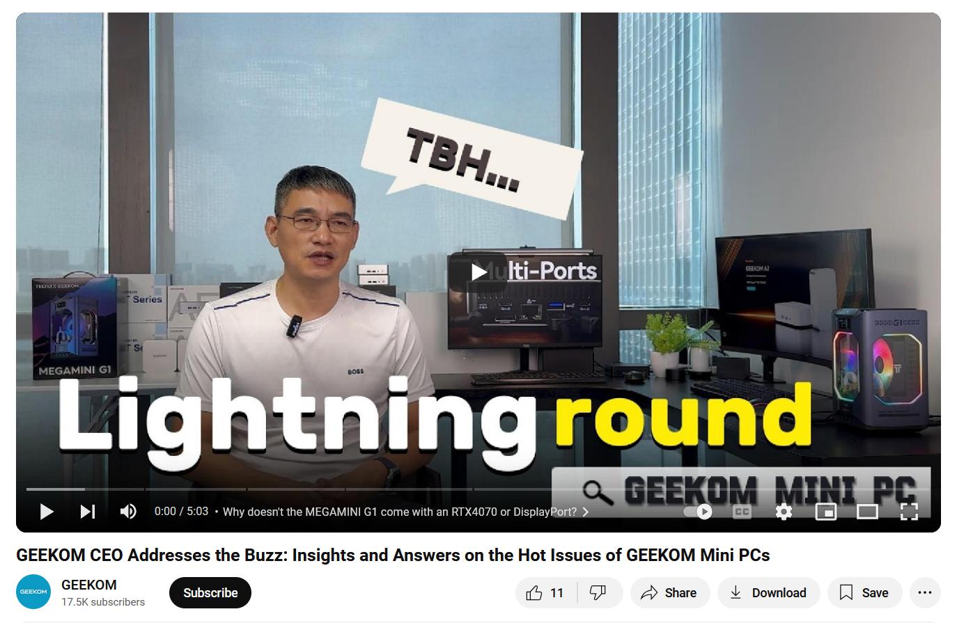 GEEKOM CEO answers questions about their Mini PCs, including the MEGAMINI G1 and MINI PG. A dynamic scene featuring a lightning round quiz with German-themed questions and vibrant visuals.