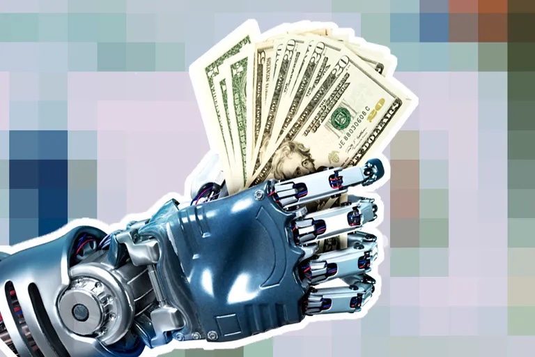 The Future of Money is Automated A metallic blue and white robotic hand holding a fan of US dollar bills against a pixelated background.