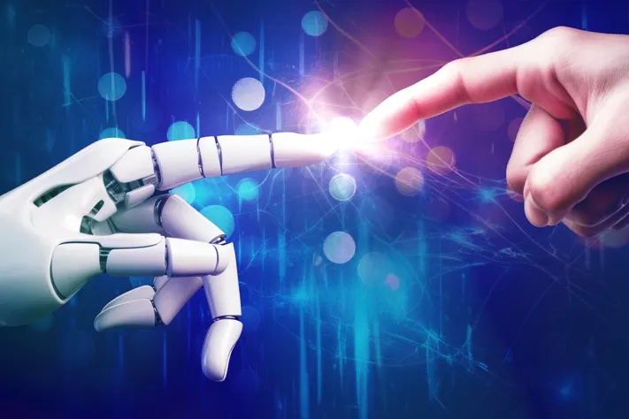 The Dawn of Human-AI Connection A robotic hand and a human hand with their index fingers nearly touching, with a bright light at the point of near contact.