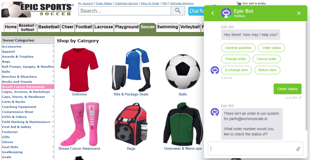 Epic Sports chatbot: User checks order status, no orders found. A website screenshot featuring a range of soccer gear, showcasing jerseys, shoes, and equipment for soccer enthusiasts.