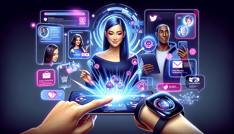 The Future of Connected Communication A person's hand touching a tablet, activating a holographic display with interconnected icons, portraits, and social media elements.