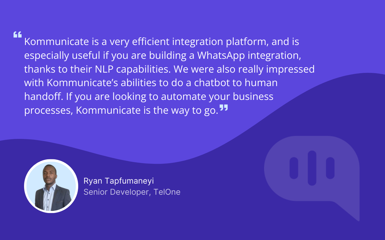 Kommunicate praised for efficient integrations, NLP, and chatbot handoff. An illustration of the Komuniti platform showcasing its efficient WhatsApp integration capabilities.