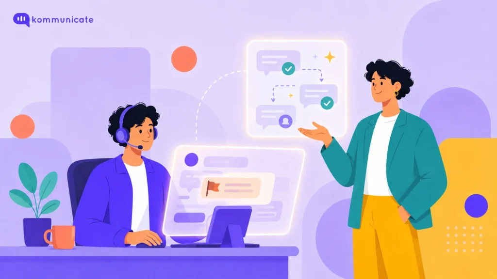 Illustration of two customer support teammates working alongside AI automation, one handling a complex case and one reviewing automated resolutions