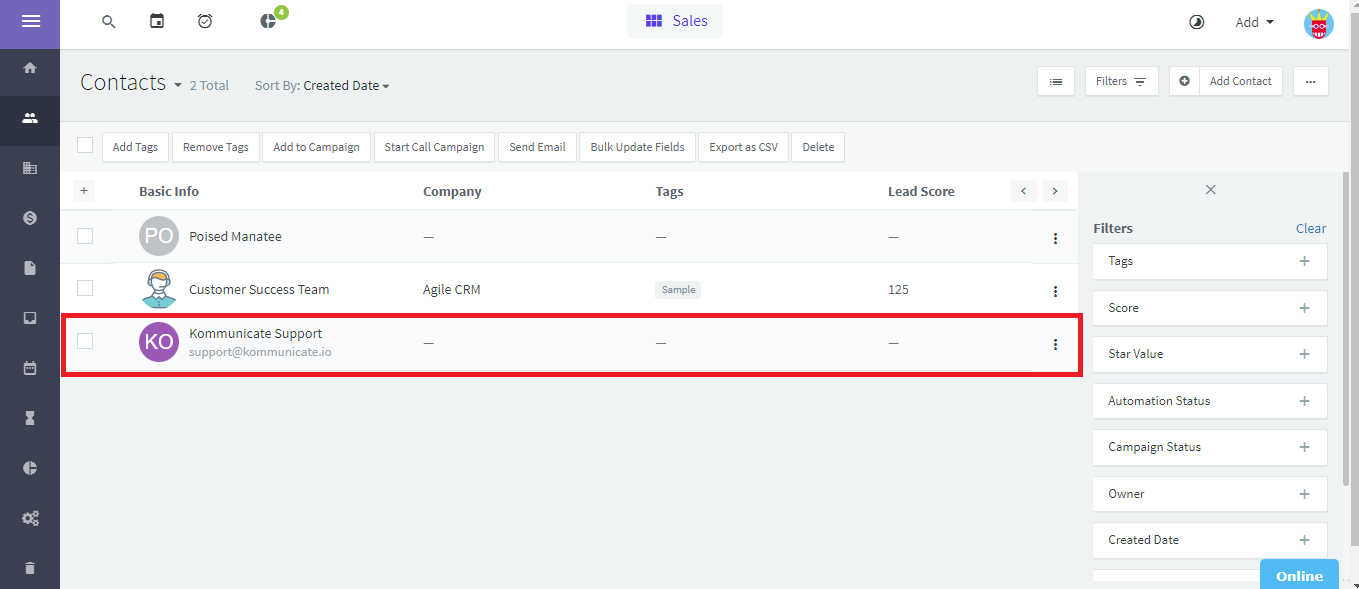 Contact list entry: "Kommunicate Support", email, no tags, no lead score. Options to view details.