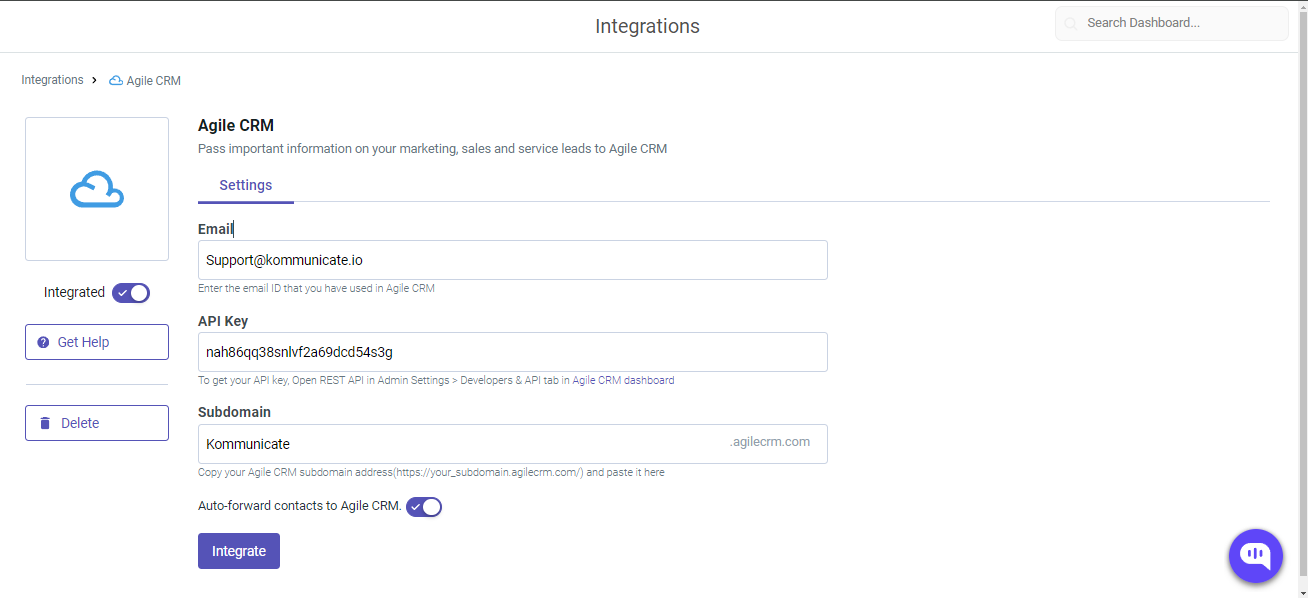 Agile CRM integration settings page. Shows email, API key, subdomain fields, and auto-forward option. "Integrate" button at bottom.