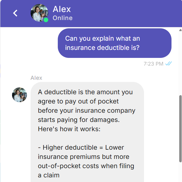 Chat conversation with bot "Alex" explaining insurance deductibles. Shows user question and bot's detailed response.