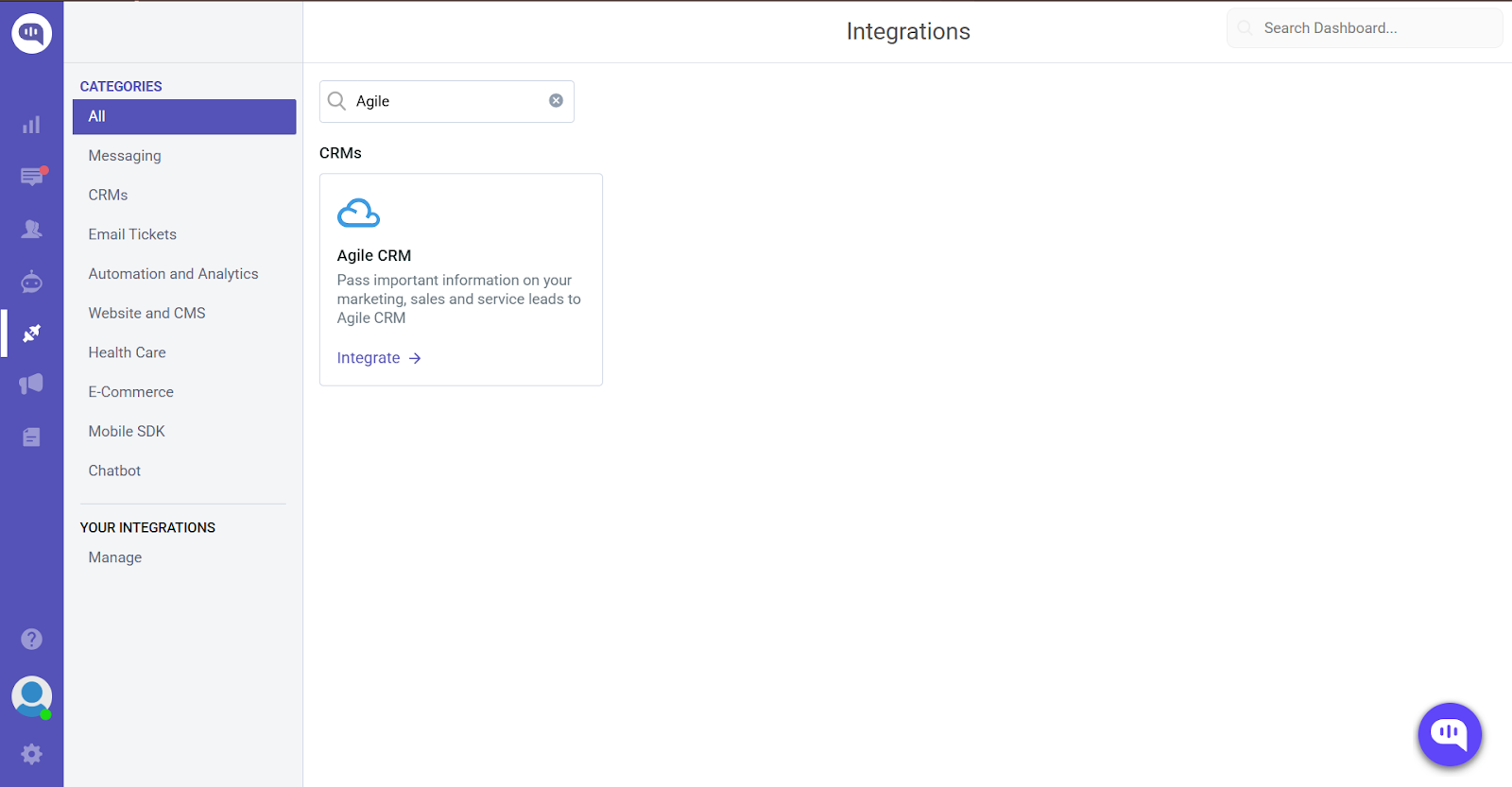 Integrations page with categories listed. Agile CRM is highlighted with description and integration button. Search bar at top.