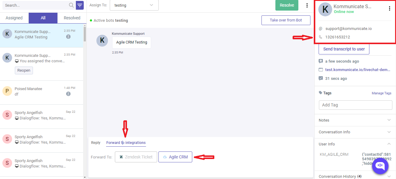Chat conversation details: name, online status, email, phone number, and options to send transcript, view conversation info, and tags.