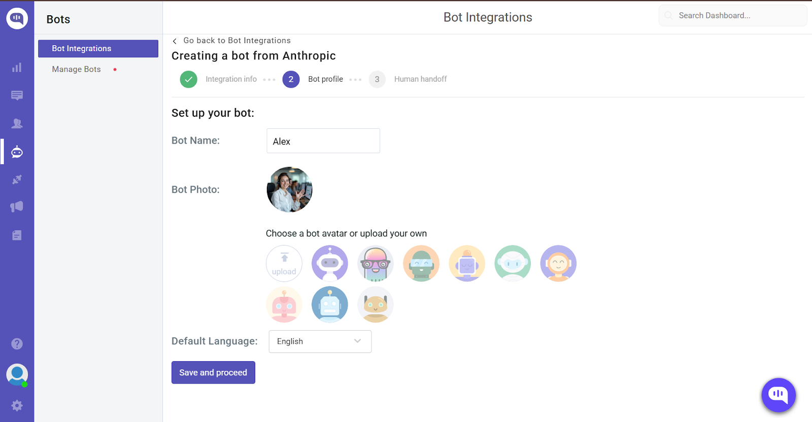 Anthropic bot setup page, step 2: Bot profile. Shows bot name, photo upload, avatar selection, and default language settings.