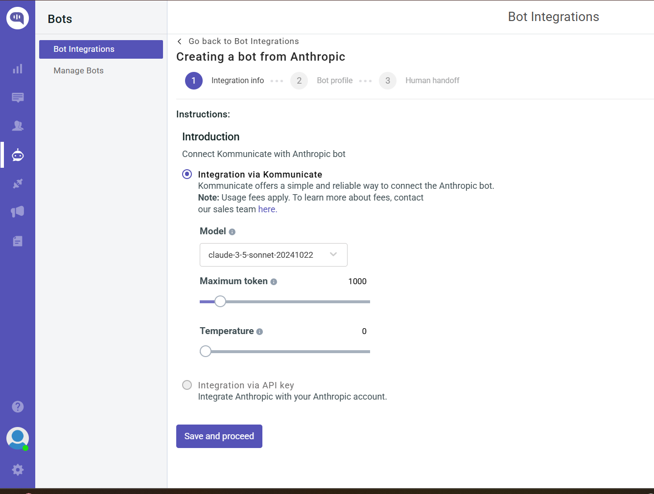 Bot integration setup page for Anthropic. Shows integration options, model selection, token limits, and temperature settings.