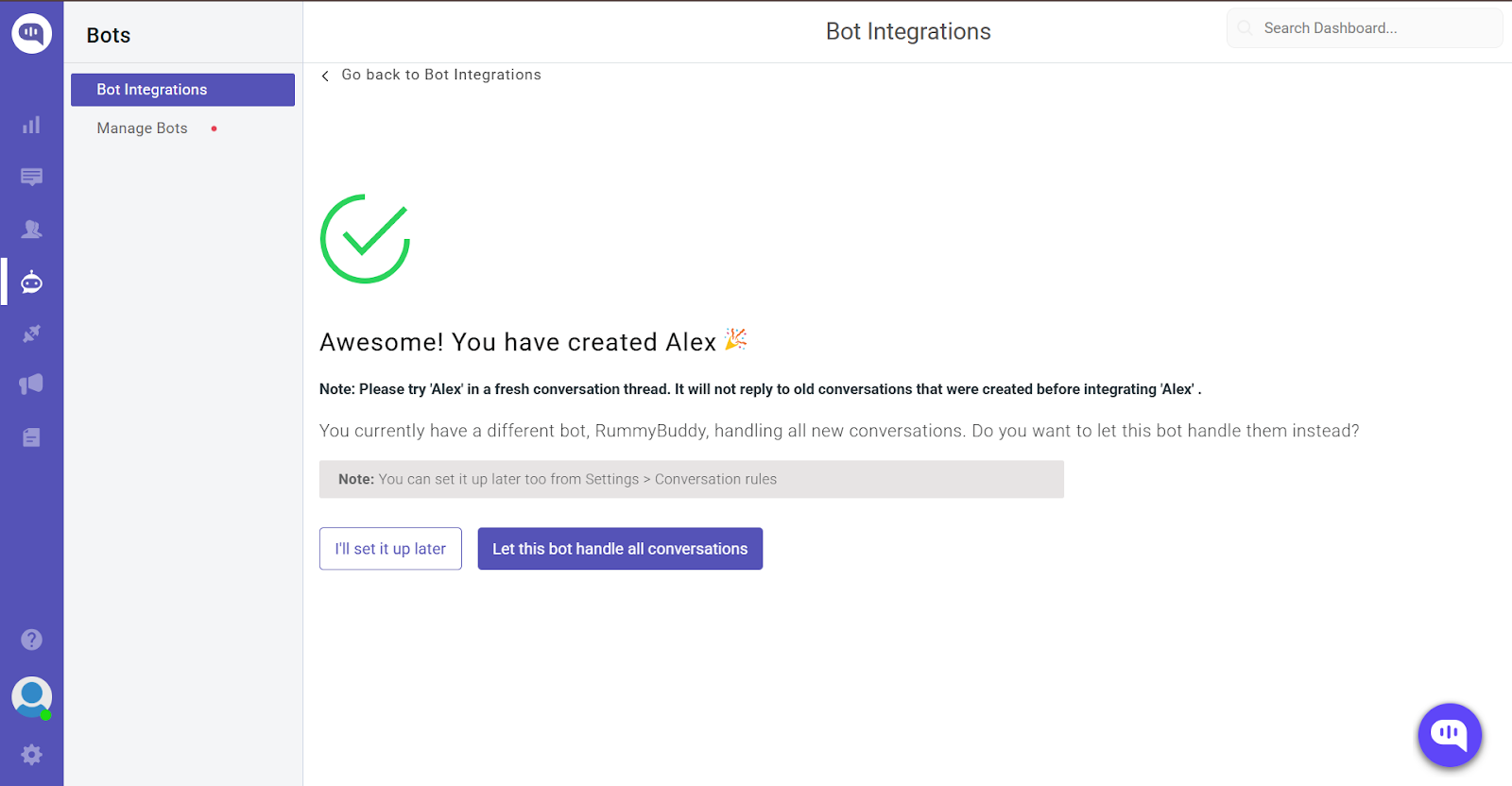 Bot creation success page. Shows confirmation "Awesome! You have created Alex" with options to set as default bot.