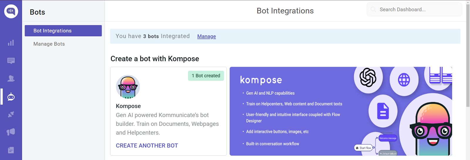 Bot integration dashboard with Kompose bot details. Shows bot creation options, features, and existing integrations.