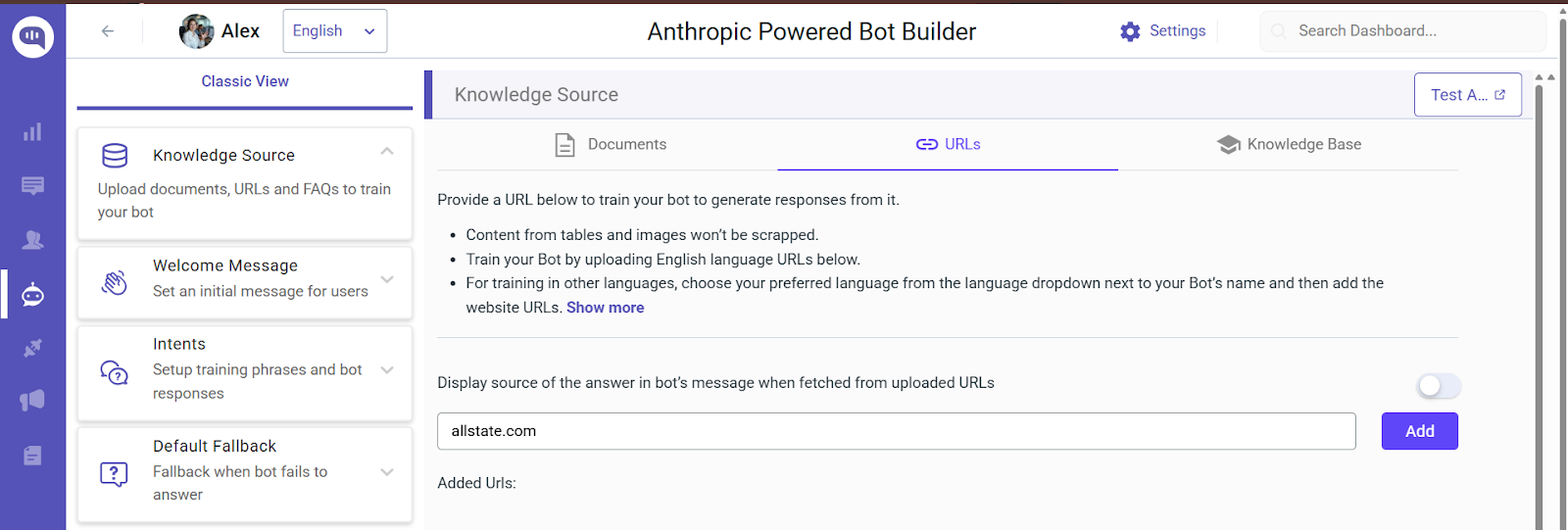 Anthropic bot builder: Knowledge Source tab, URLs selected. Shows input for adding website URLs to train the bot.