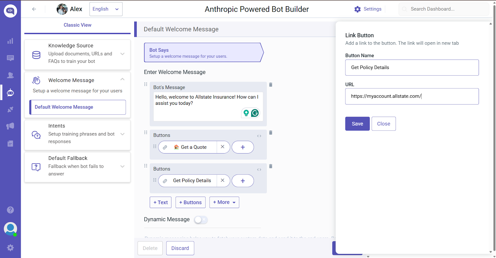 Anthropic bot builder interface showing welcome message setup with buttons linking to external URLs.