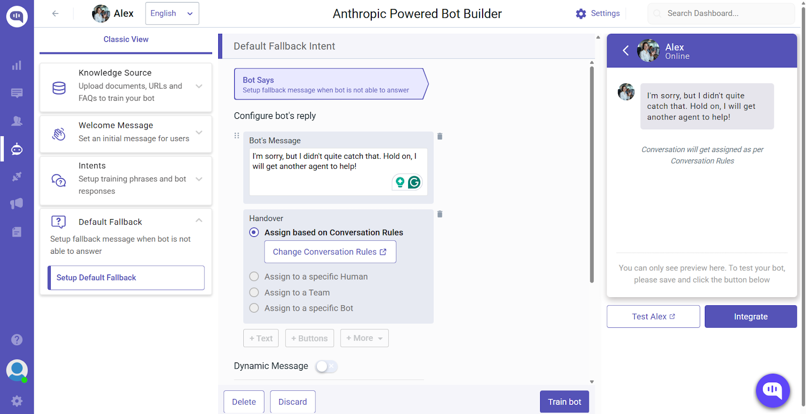 Anthropic bot builder: Default Fallback Intent setup. Shows options for bot response when it can't understand a query.