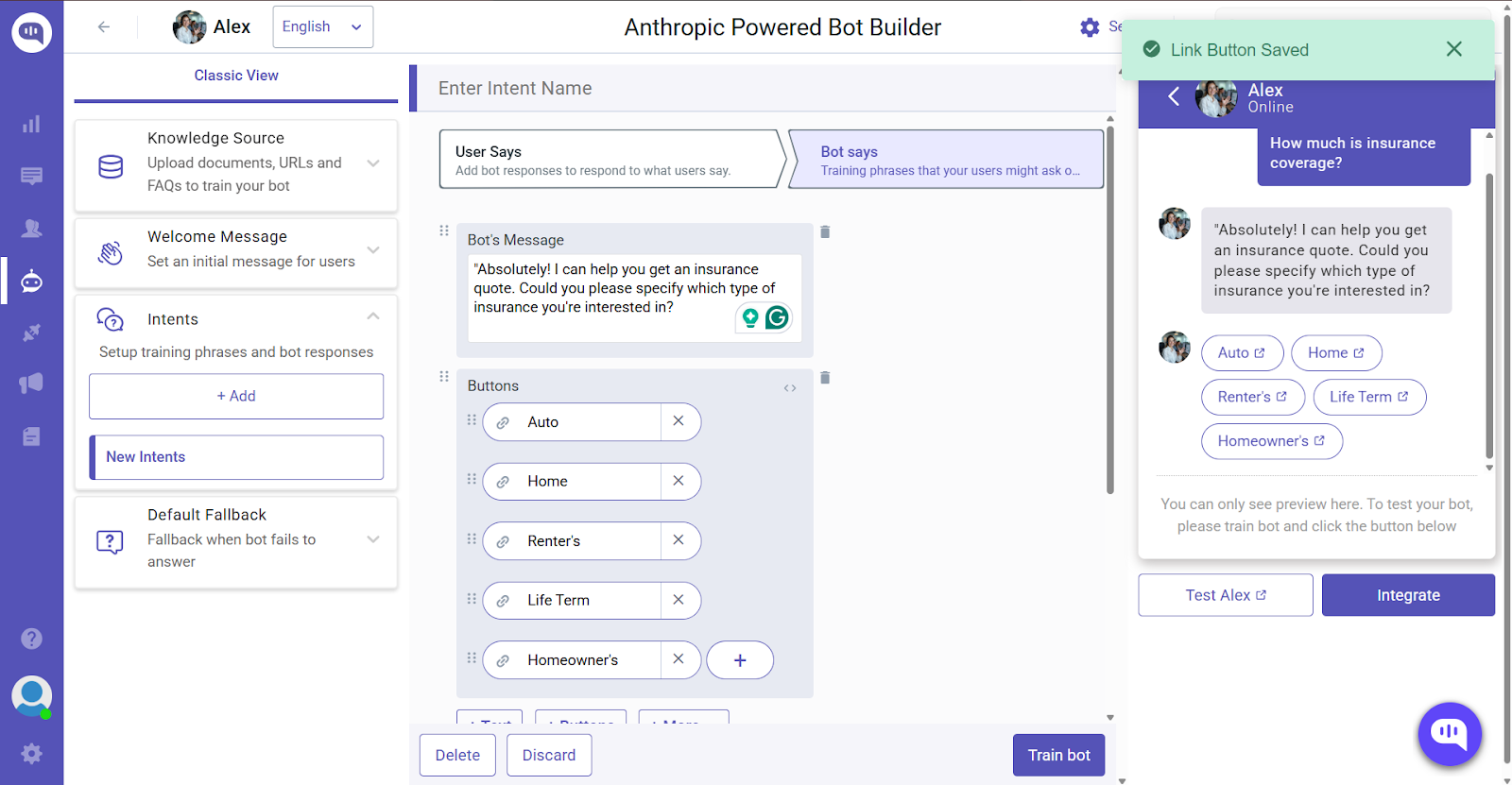 Anthropic bot builder interface showing intent setup with user phrases and bot responses for insurance quotes. Buttons show quote options.